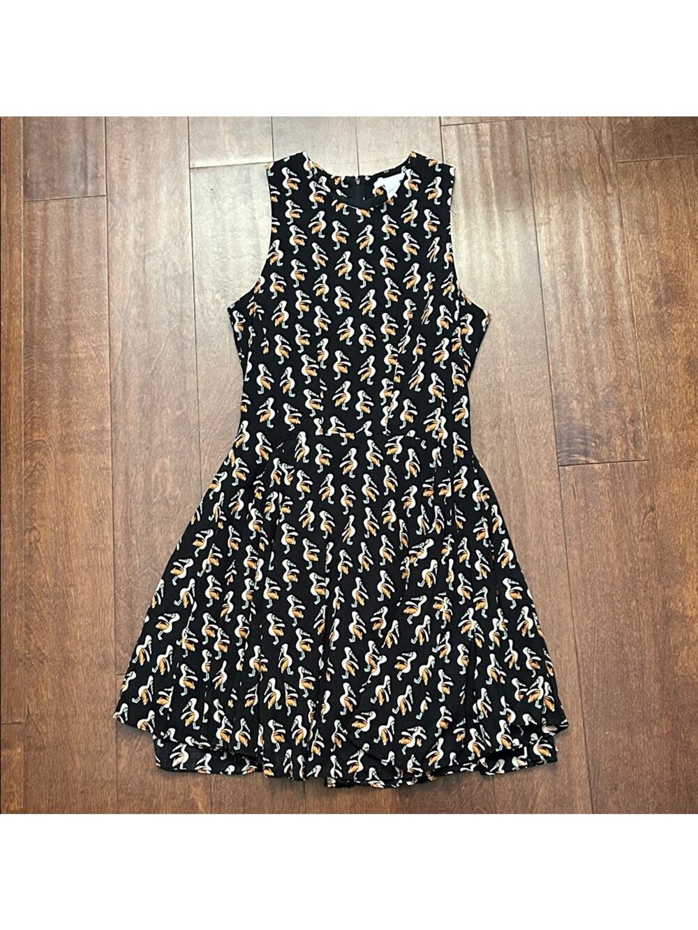 H&M Pelican Print Black Fit and Flare Dress, Size 4